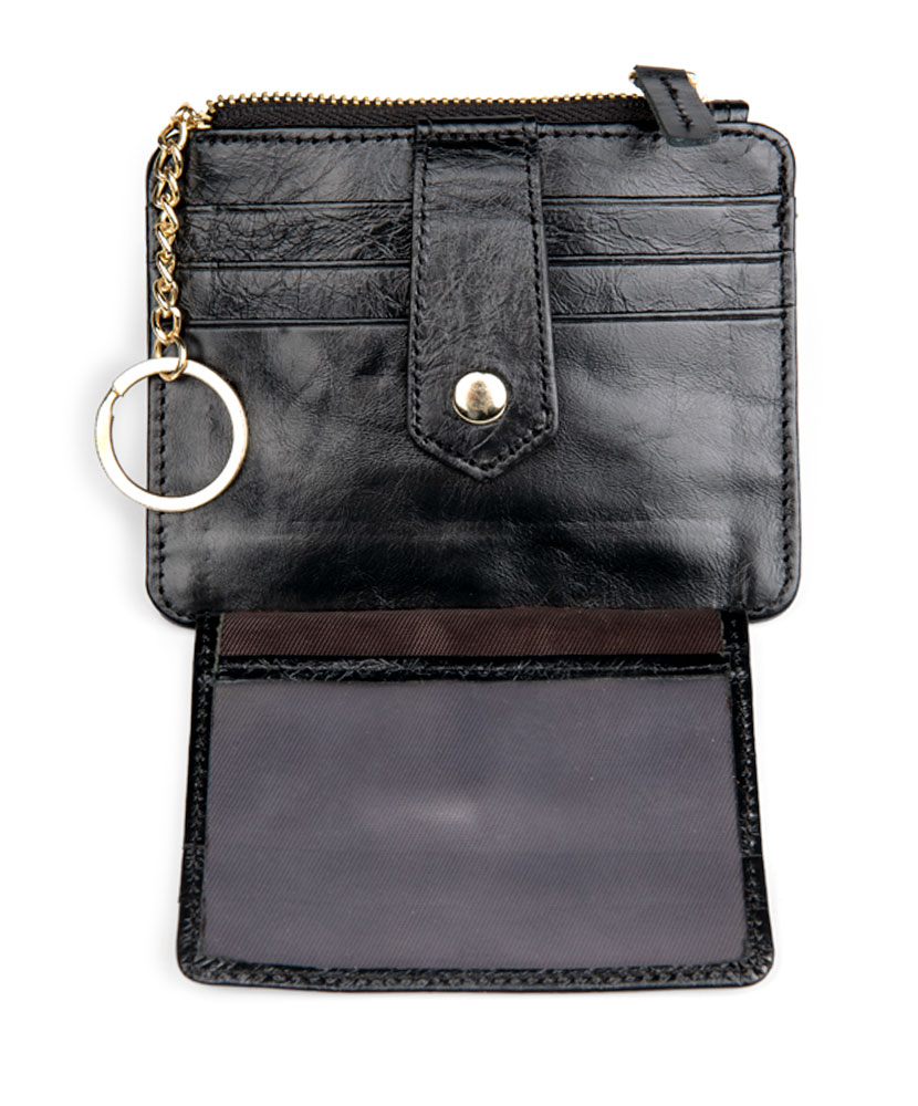 Black Leather Card Wallet with Key Ring